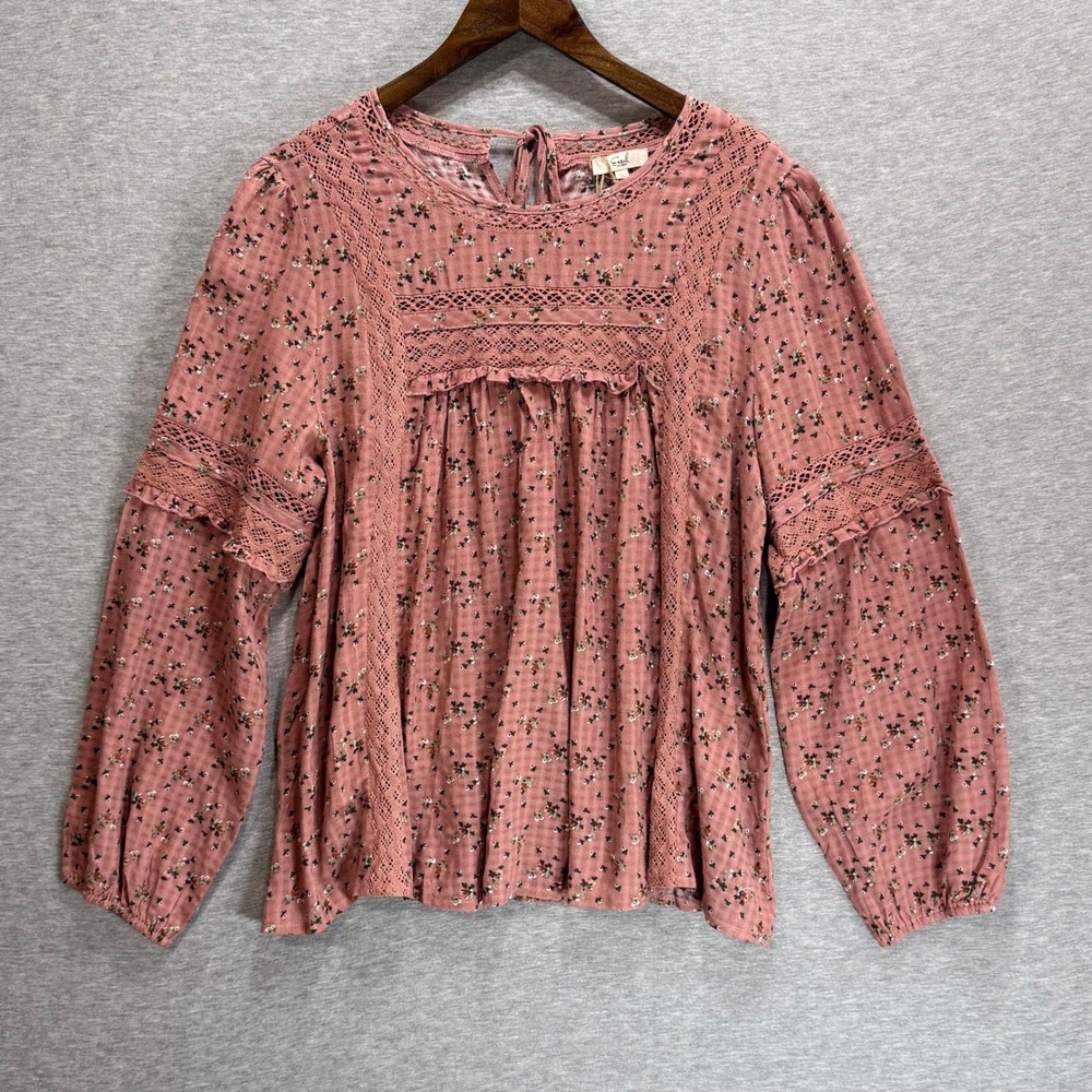Easel Floral Lace Blouse Womens Large Pink Dusty Rose Boho Gingham Peasant Top